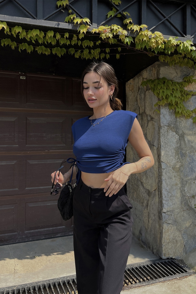 Lacivert Bağlamalı Crop Top ATE6522 - 4
