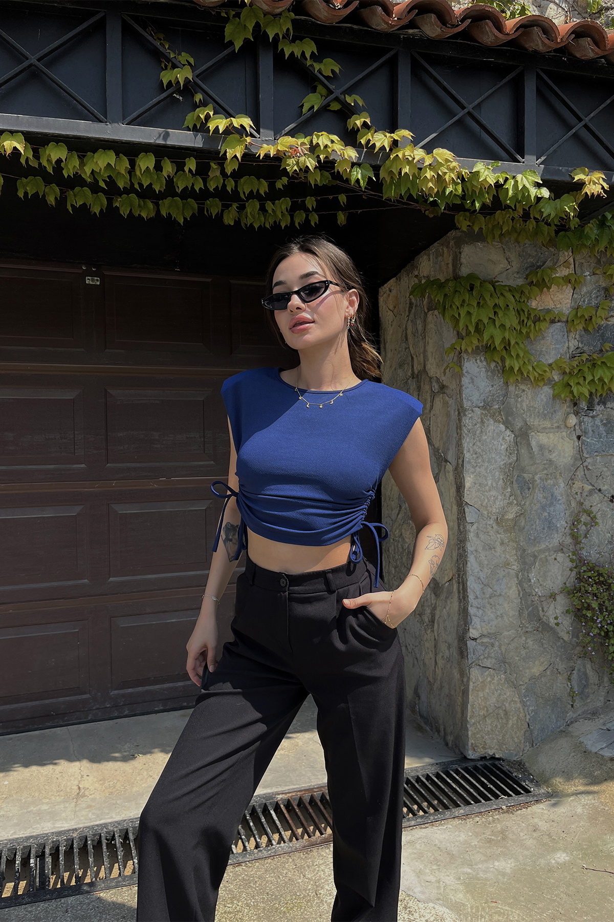 Lacivert Bağlamalı Crop Top ATE6522 - 1