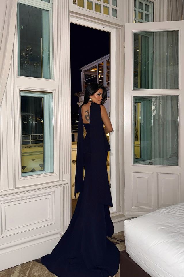 Lacivert Benedita Uzun Fularlı Elbise ATE-3525 - 5
