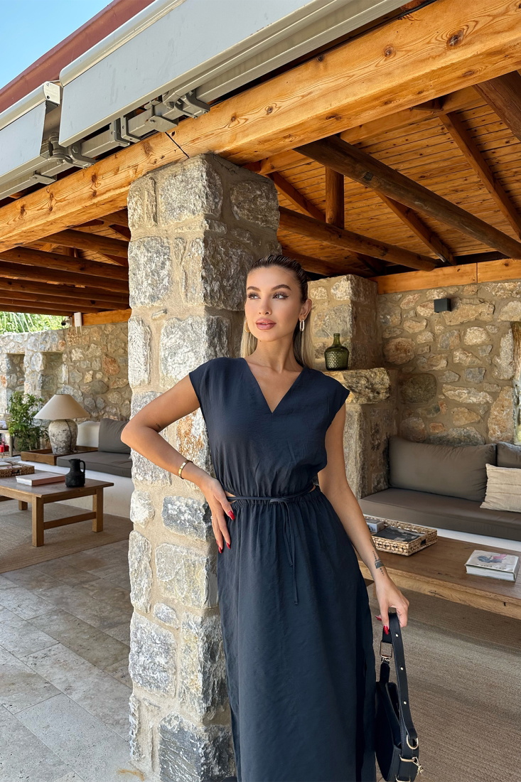 Lacivert Bağlamalı Uzun Elbise ATE8086 - EYYO