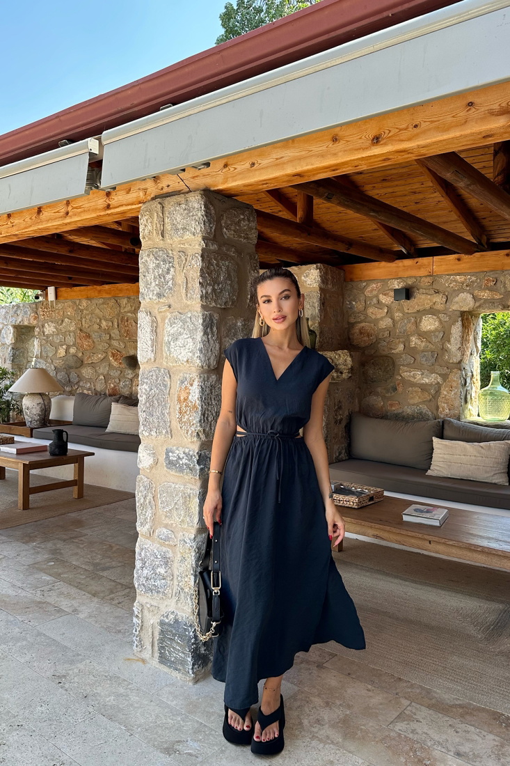 Lacivert Bağlamalı Uzun Elbise ATE8086 - EYYO