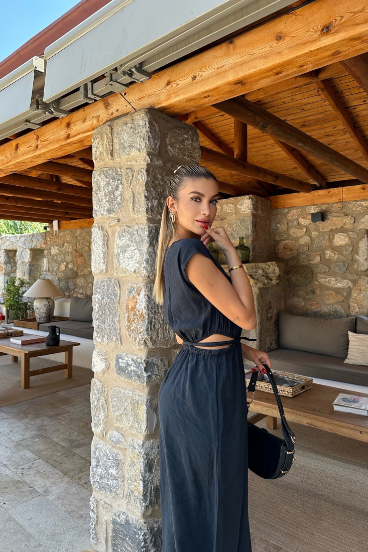 Lacivert Bağlamalı Uzun Elbise ATE8086 - EYYO