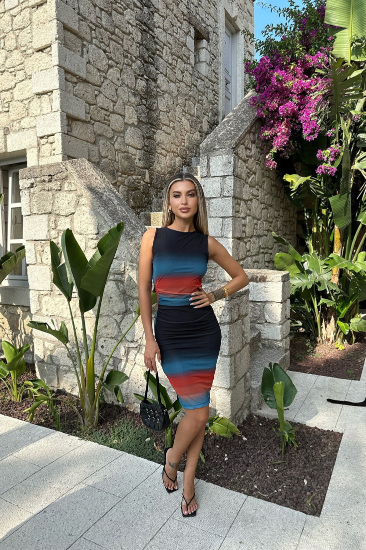 Lacivert Batik Desen Sıfır Kol Elbise ATE7571 - EYYO