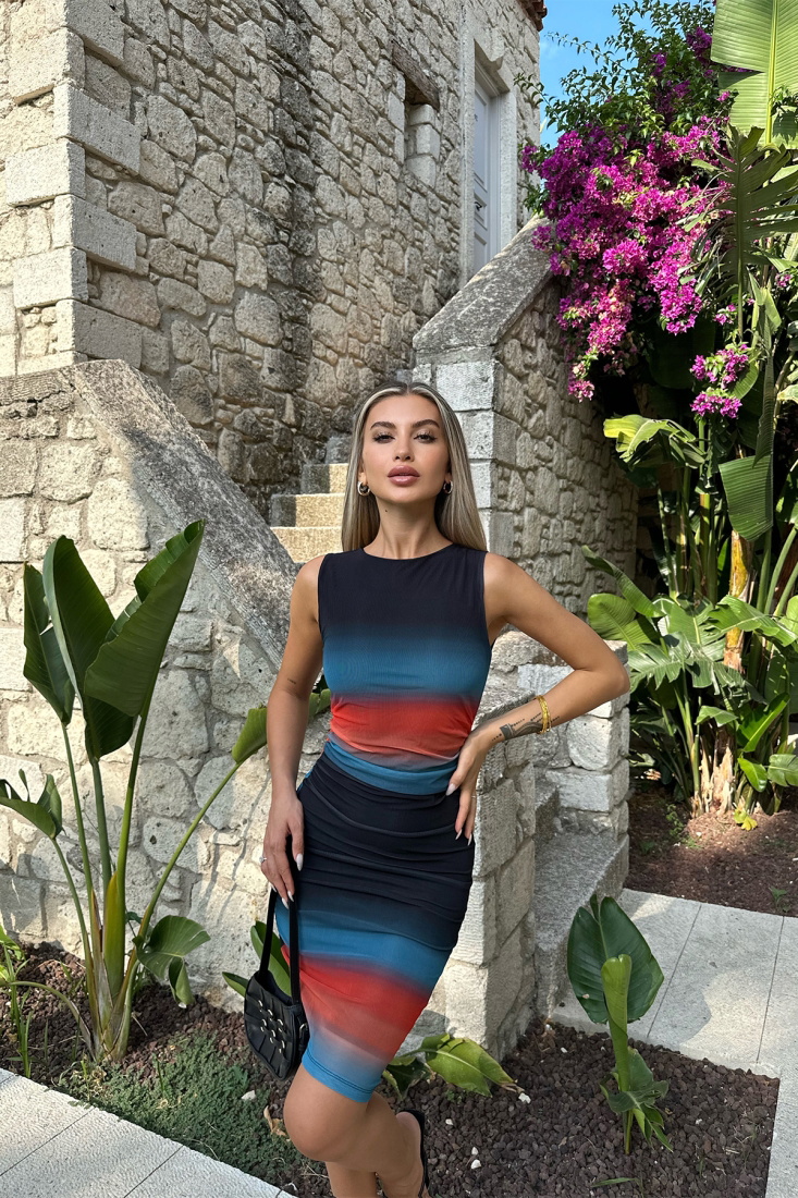 Lacivert Batik Desen Sıfır Kol Elbise ATE7571 - EYYO