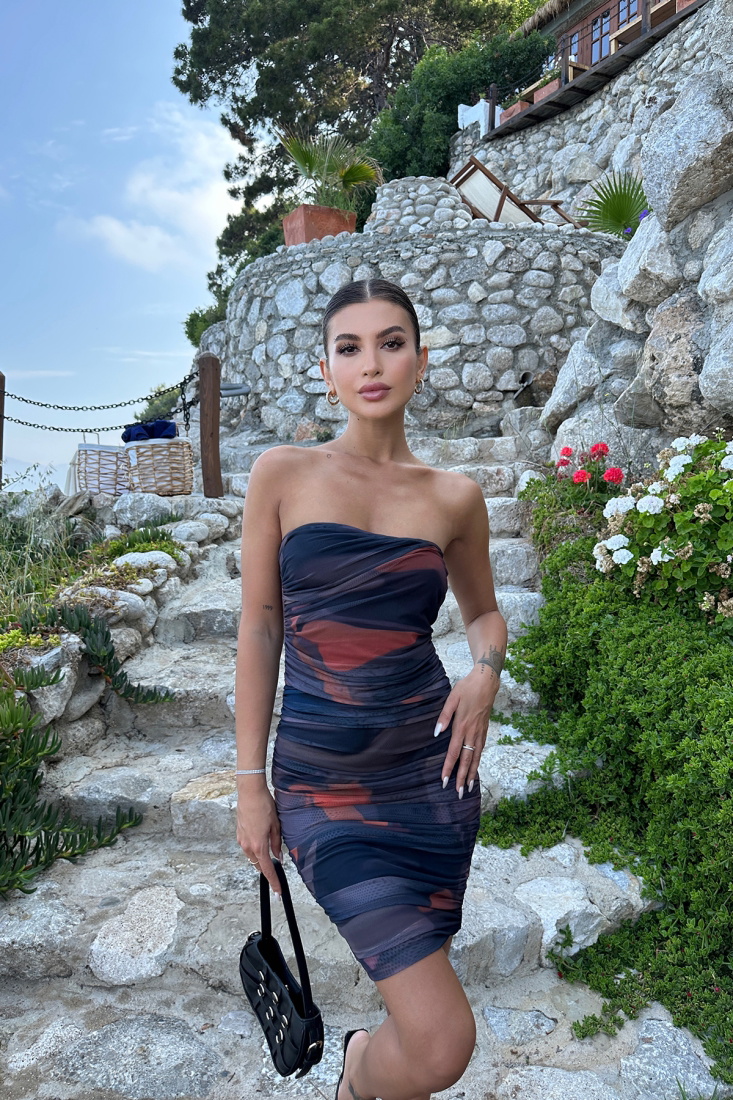 Lacivert Batik Desen Straplez Elbise ATE7249 - EYYO