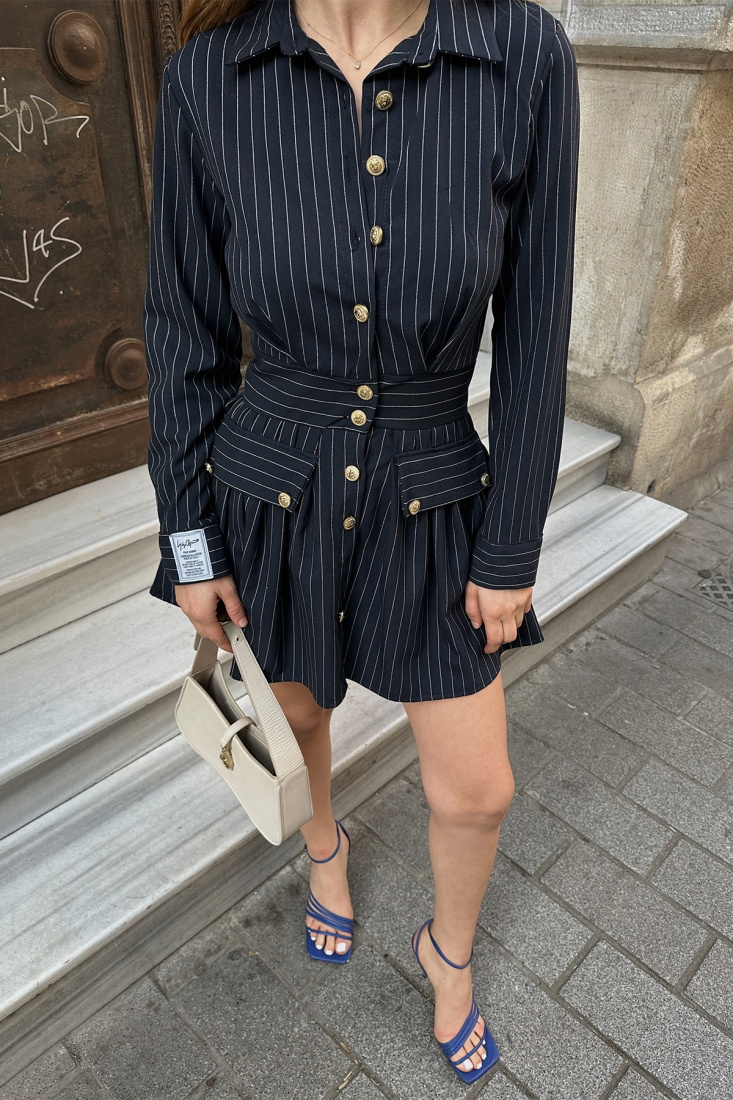 Lacivert Çizgili Gömlek Yaka Mini Elbise ATE6546 - EYYO
