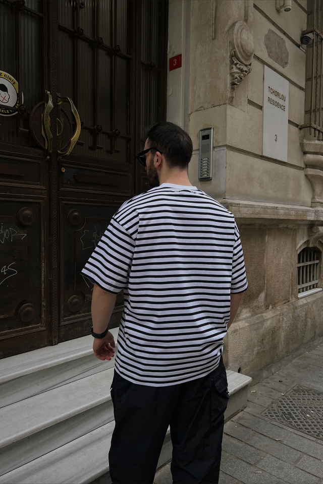 Lacivert Çizgili Oversize Tişört ATE5162 - 4