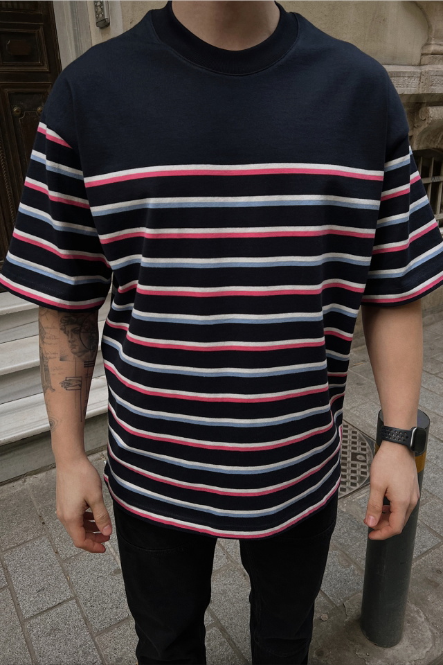 Lacivert Çok Renkli Oversize Tişört ATE5265 - 2