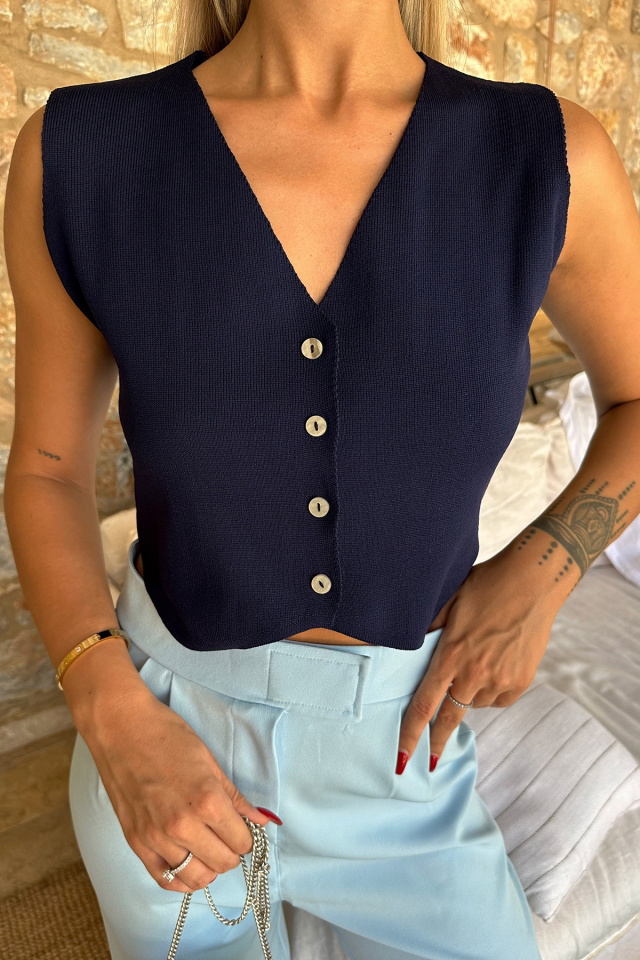 Lacivert Düğme Detay Crop Top