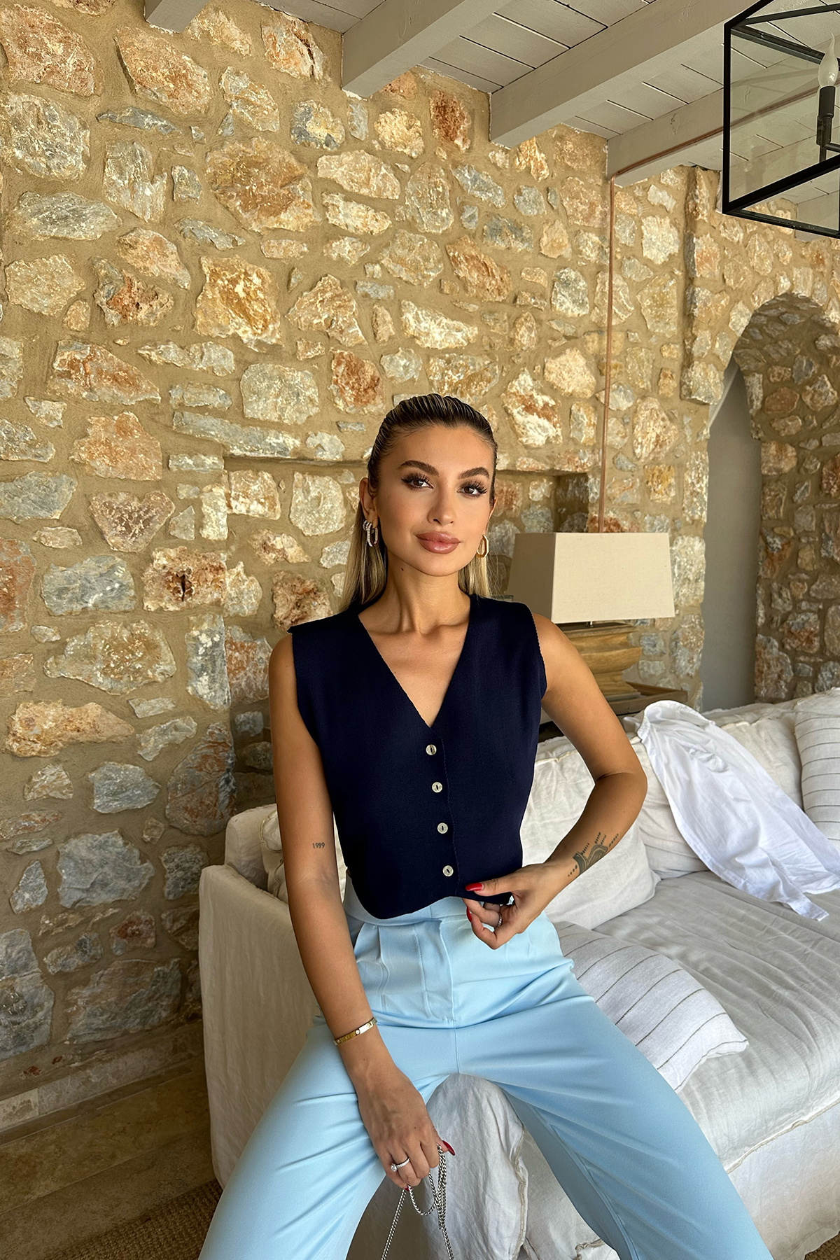 Lacivert Düğme Detay Crop Top - 3