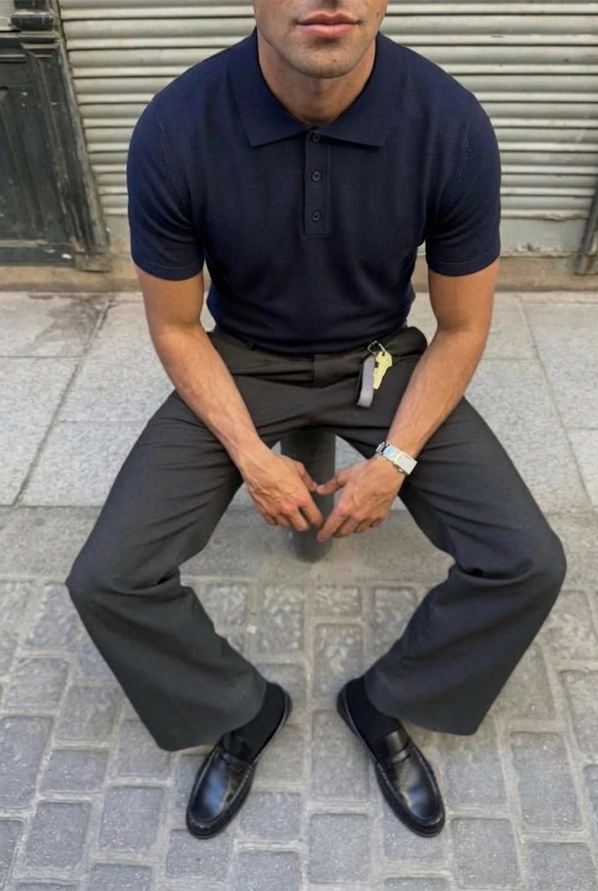 Lacivert Düğme Detay Tişört - 1
