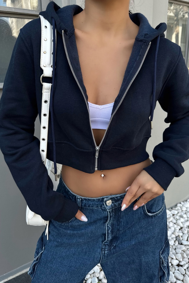 Lacivert Fermuar Detay Crop Top ATE-0368 - 2