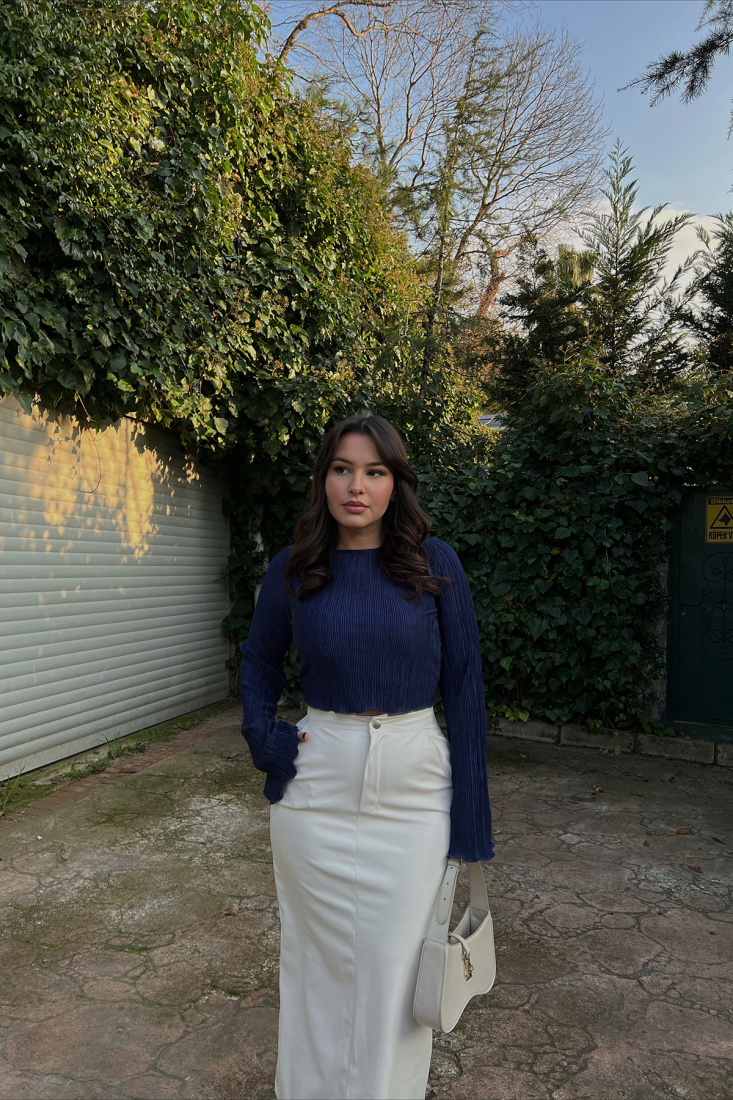 Lacivert Fitilli Crop Top ATE3185 - EYYO