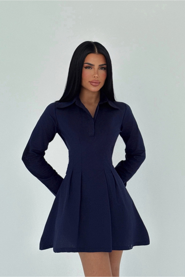 Lacivert Gömlek Yaka Mini Elbise ATE-2254 - 1