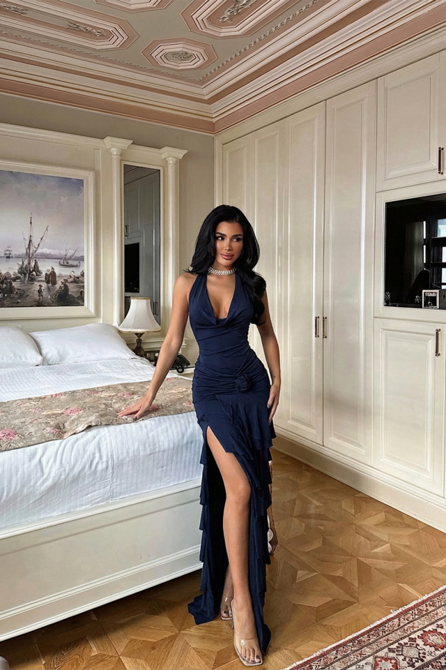 Lacivert Destiny Uzun Yırtmaçlı Elbise ATE-3541 