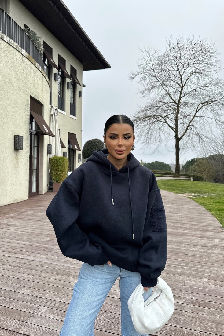 Lacivert Kapşonlu E Nakışlı Sweat ATE-0756 - EYYO