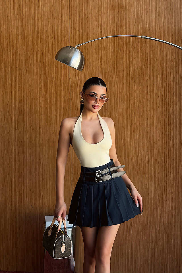 Lacivert Sinatra Çift Kemerli Mini Etek ATE-3331 - 3