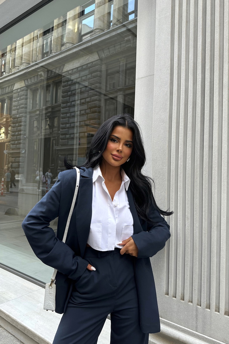 Lacivert Kruvaze Yaka Pantolonlu Takım ATE8674 - EYYO