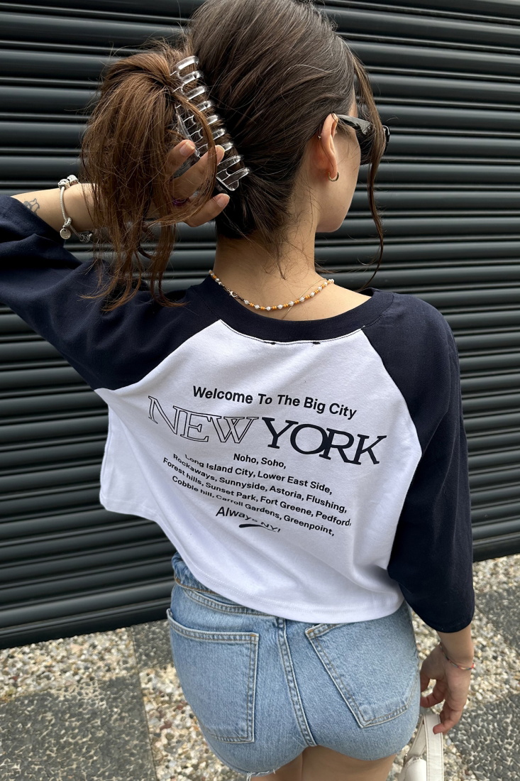 Lacivert New York Yazılı Crop Top ATE7332 - EYYO