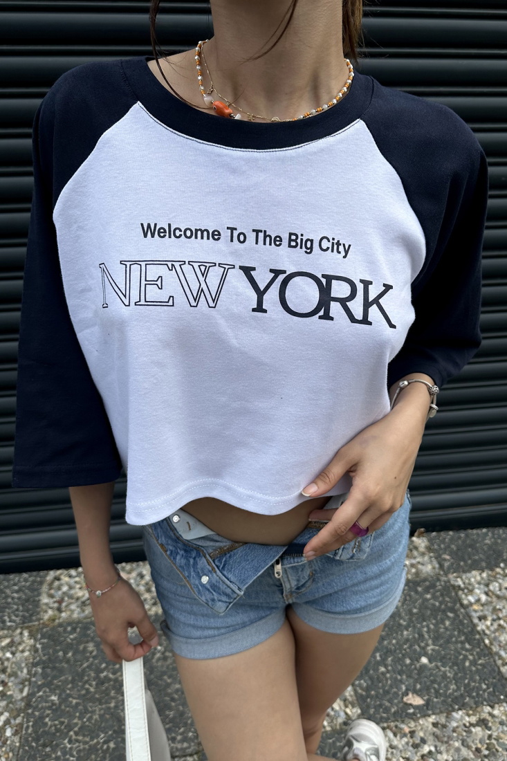 Lacivert New York Yazılı Crop Top ATE7332 - EYYO