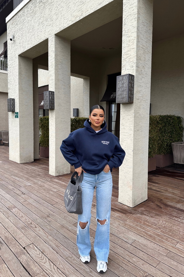 Lacivert New York Yazılı Kapşonlu Sweat ATE-0448 - 3