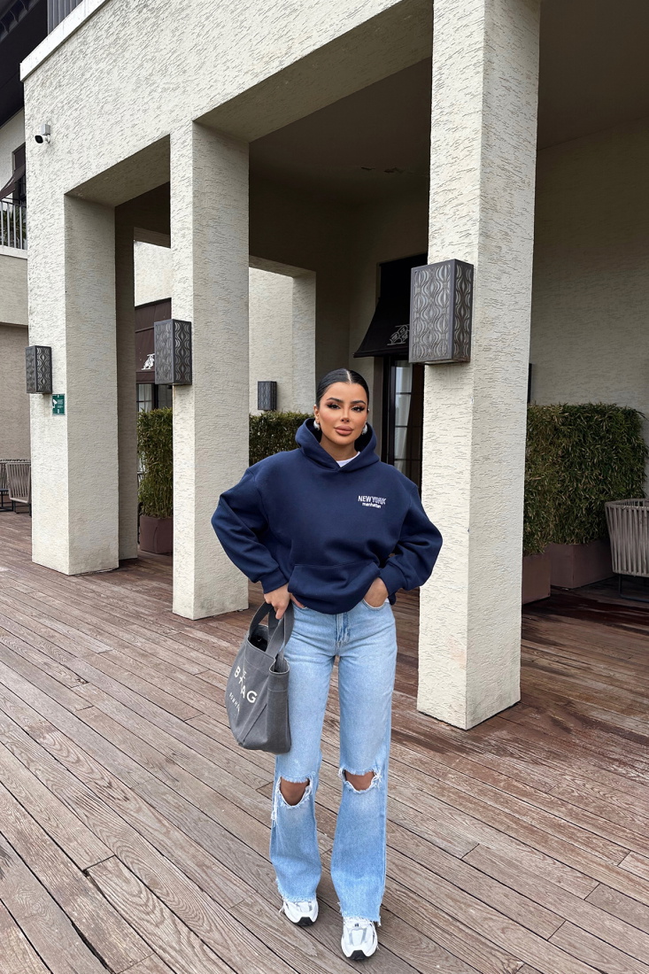 Lacivert New York Yazılı Kapşonlu Sweat ATE-0448 - EYYO