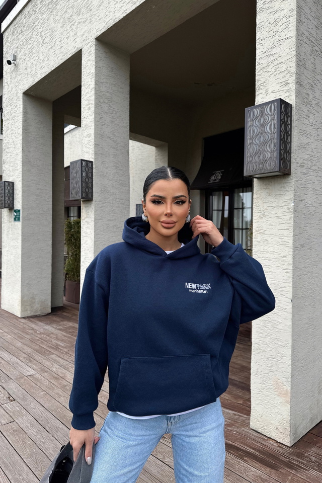 Lacivert New York Yazılı Kapşonlu Sweat ATE-0448 
