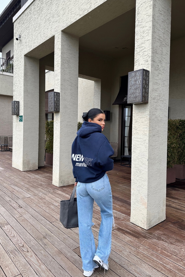 Lacivert New York Yazılı Kapşonlu Sweat ATE-0448 - 4