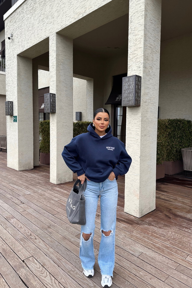 Lacivert New York Yazılı Kapşonlu Sweat ATE-0448 - 5