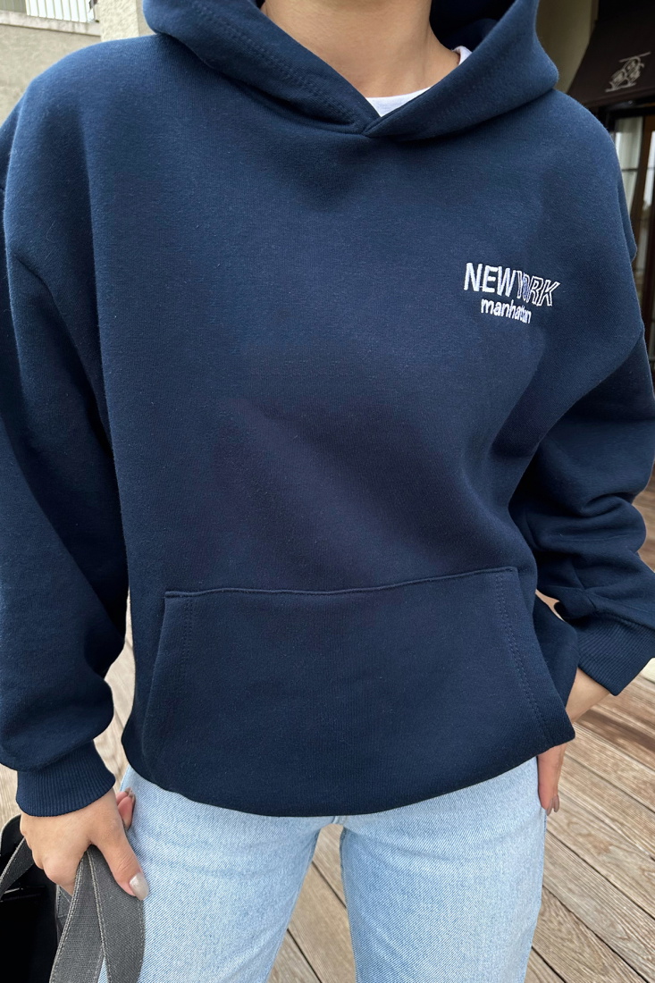 Lacivert New York Yazılı Kapşonlu Sweat ATE-0448 - EYYO