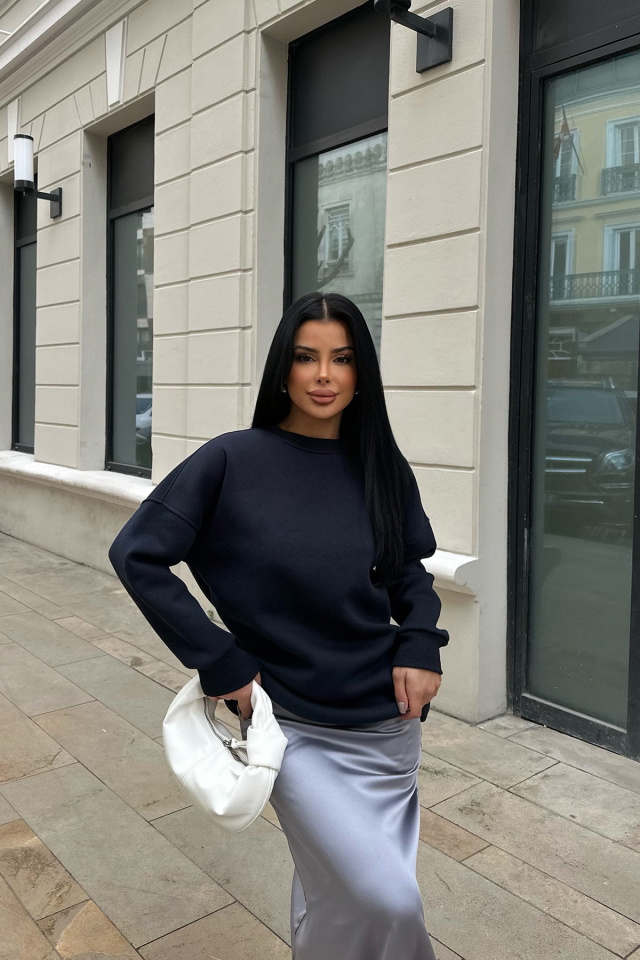 Lacivert Oversize Arkası Baskılı Sweat ATE-0890 - 2