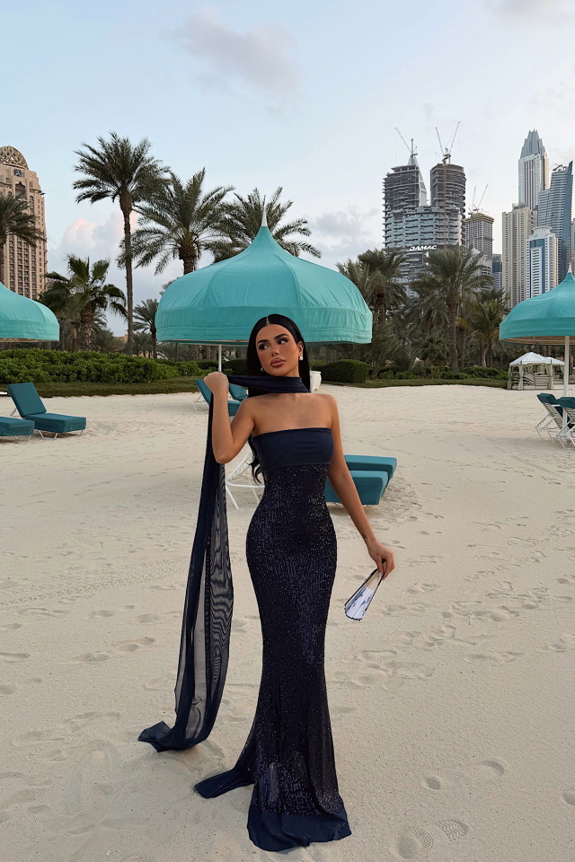 Lacivert Plunge payetli uzun elbise ATE-4797 - 2