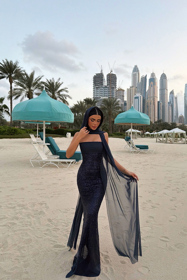 Lacivert Plunge payetli uzun elbise ATE-4797 - 3