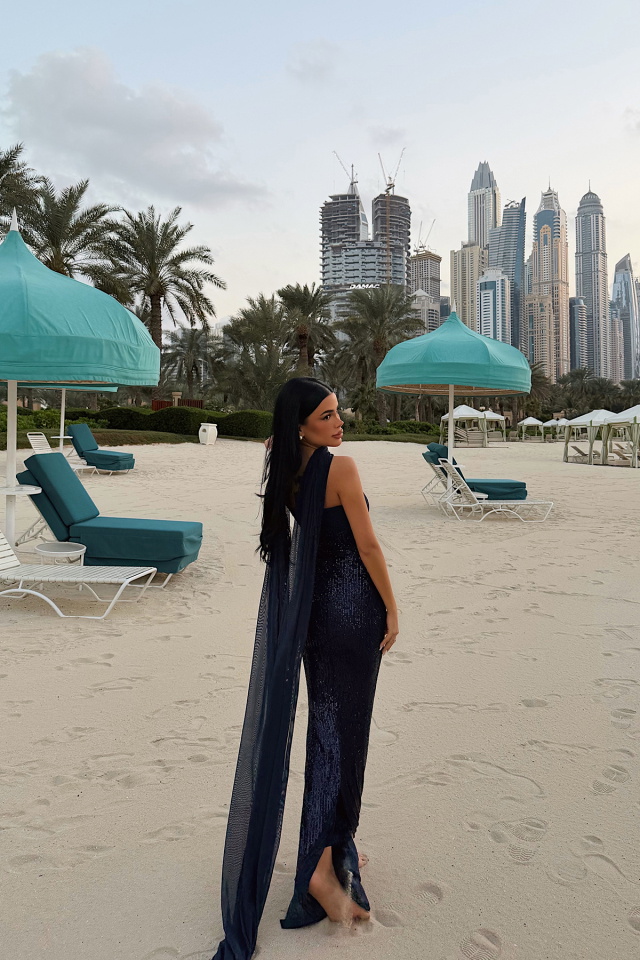 Lacivert Plunge payetli uzun elbise ATE-4797 - 5