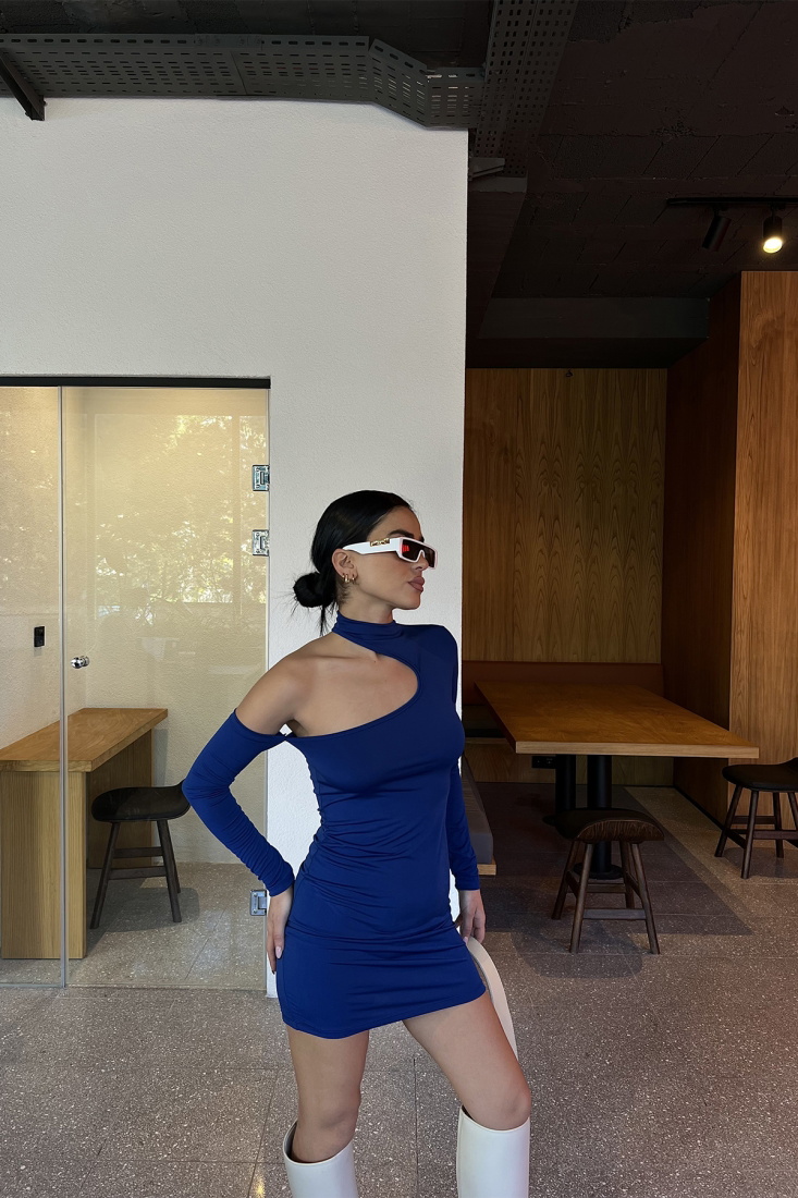 Lacivert Pencere Detay Mini Elbise ATE3305 - EYYO