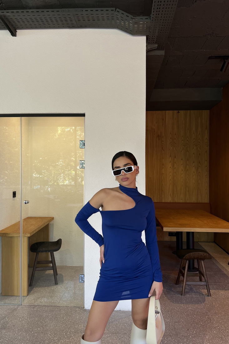 Lacivert Pencere Detay Mini Elbise ATE3305 - EYYO