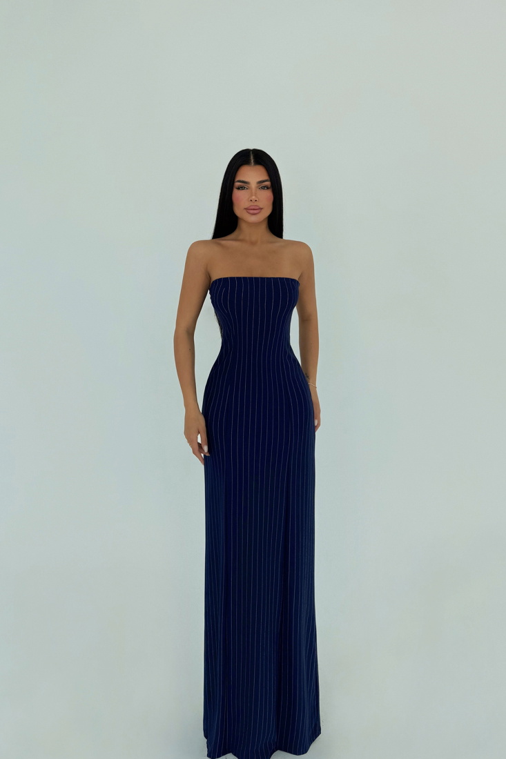 Lacivert Straplez Çizgili Elbise ATE-1245 - EYYO