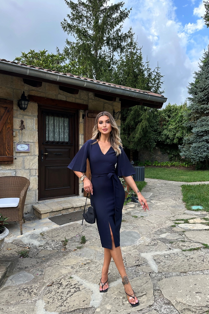 Lacivert V Yaka Elbise ATE7950 - EYYO