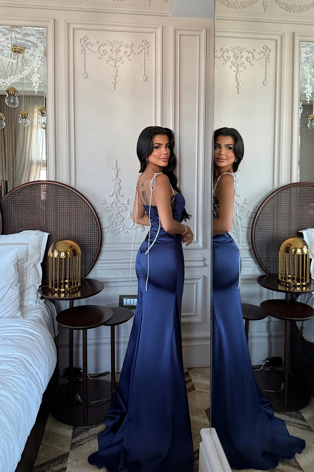 Lacivert Soliana Yırtmaç Detaylı Uzun Abiye ATE-3395 - 6