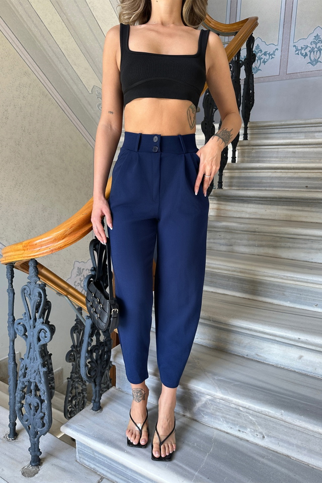 Lacivert Yüksek Bel Mom Pantolon