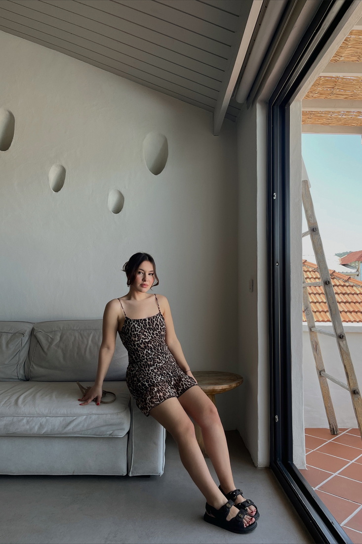 Rachel Leopar Askılı Mini Elbise R101 - EYYO