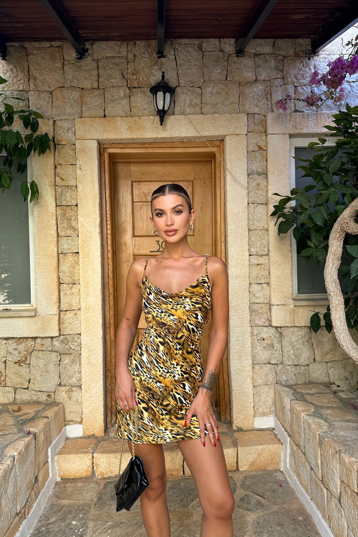 Leopar Desen Askılı Mini Elbise ATE7811 - EYYO