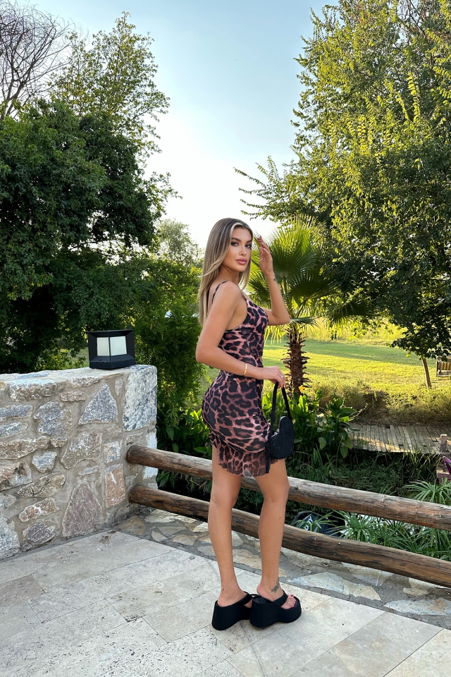 Leopar Desen Bağlamalı Mini Elbise ATEL2423 - 5