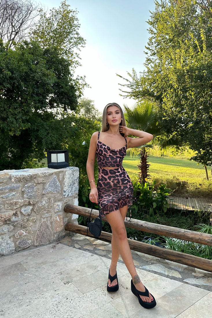 Leopar Desen Bağlamalı Mini Elbise ATEL2423 - EYYO