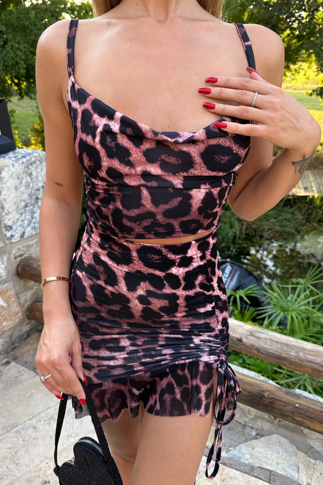 Leopar Desen Bağlamalı Mini Elbise ATEL2423 - 2
