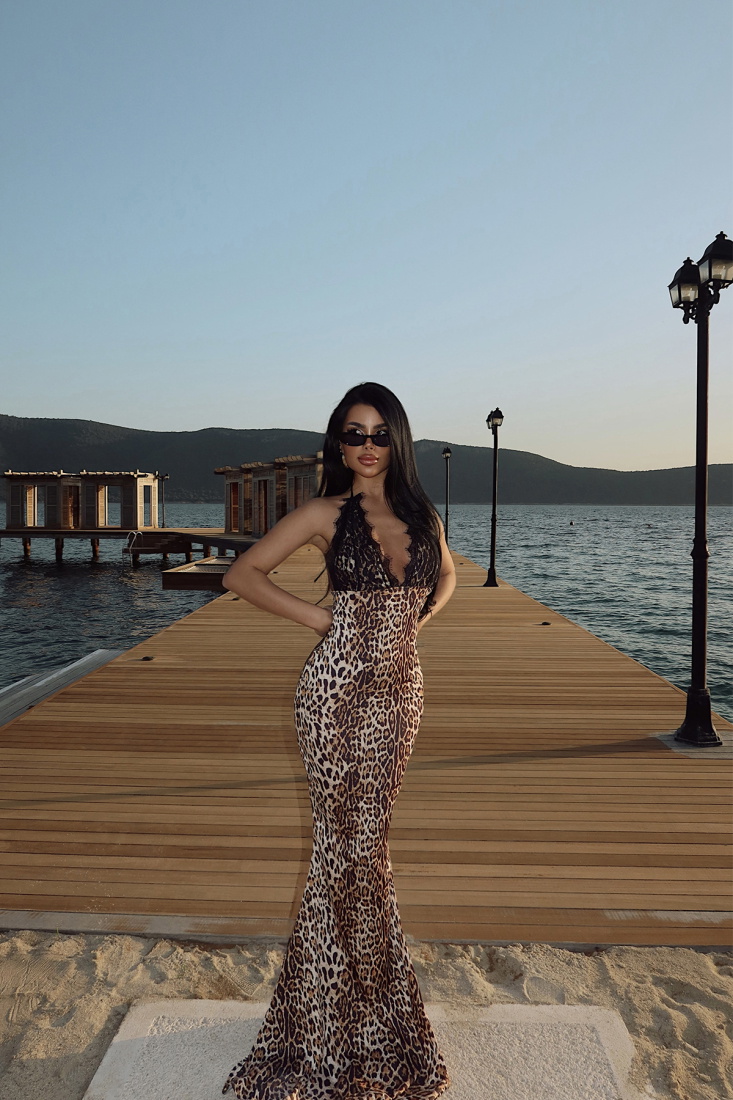 Leopar Luiperd Dantel Uzun Elbise ATE-2574 - EYYO