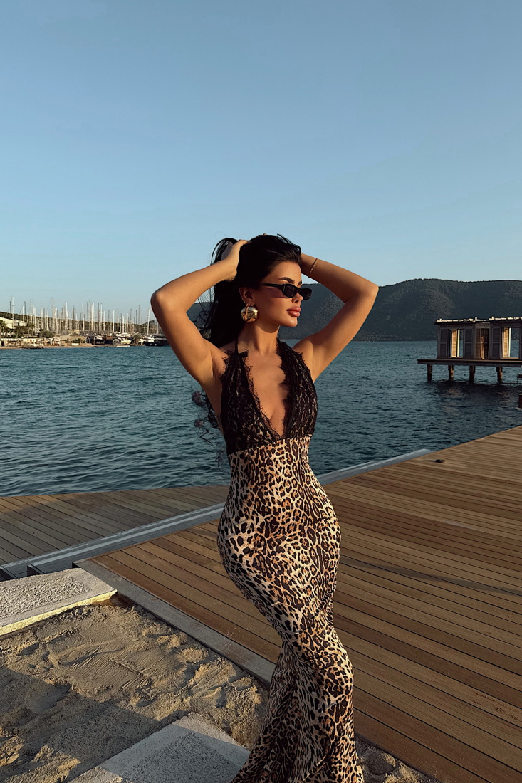 Leopar Luiperd Dantel Uzun Elbise ATE-2574 - EYYO