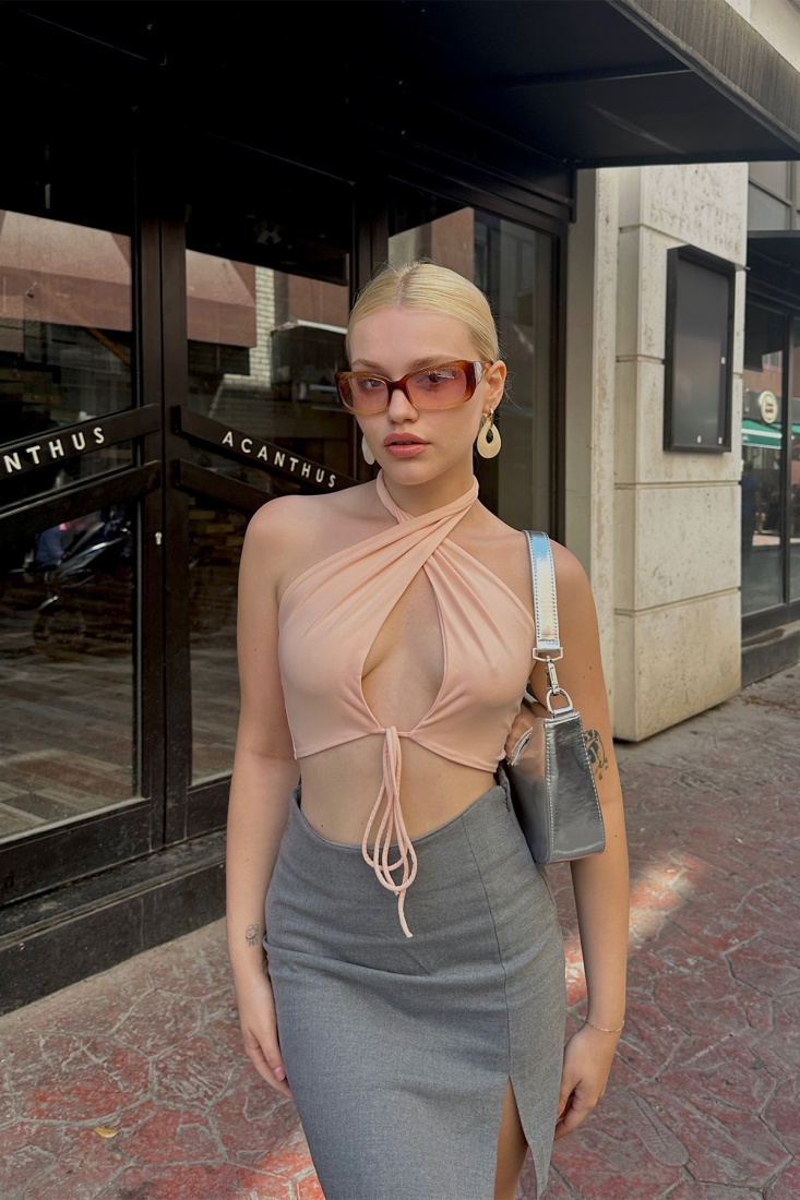 Light Pink Color Front Laced Crop Top ATE6200 - EYYO