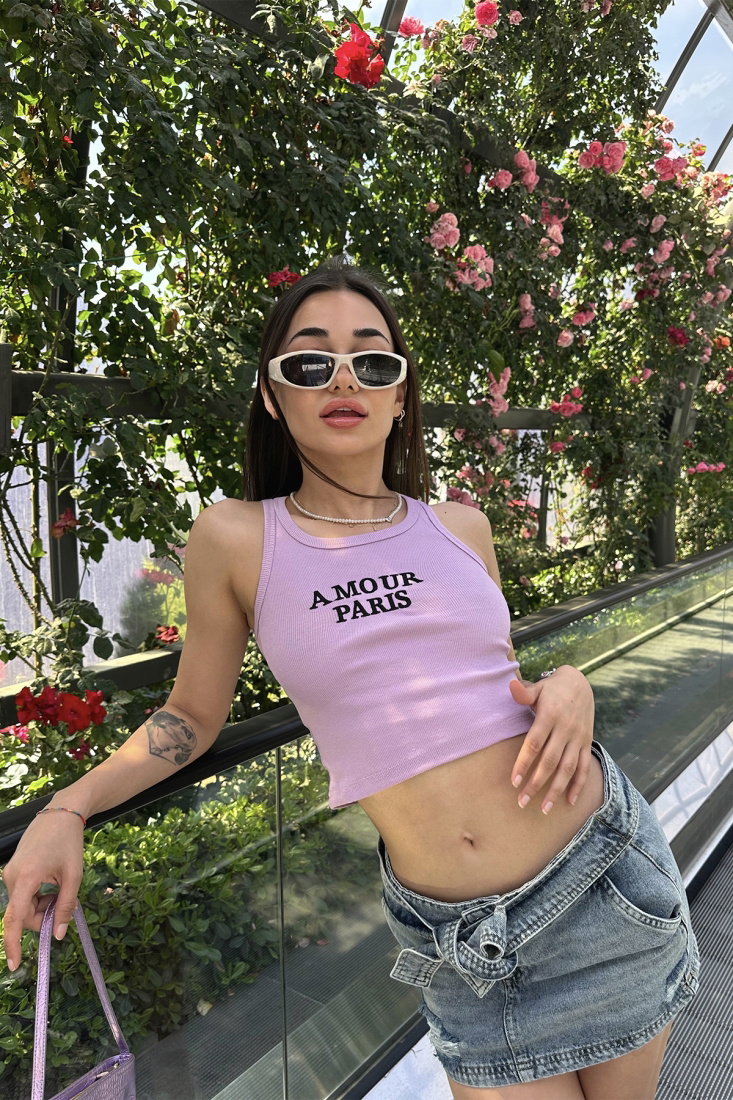 Lila Amour Parıs Yazılı Crop Top ATE7320 - EYYO