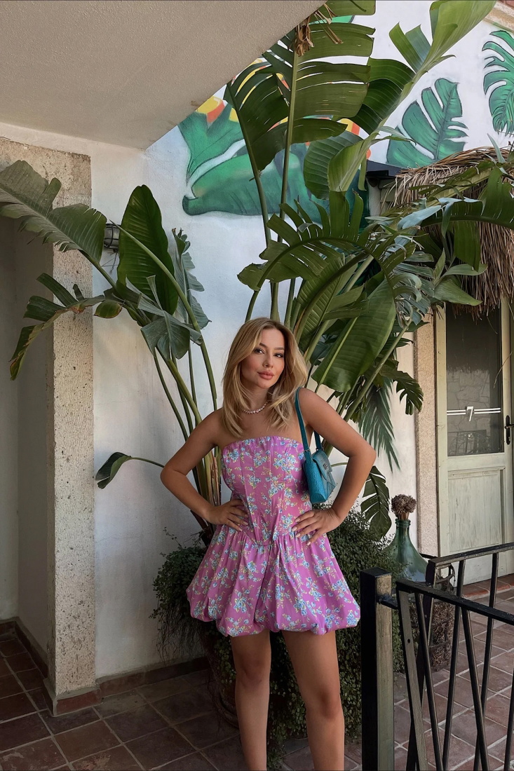 Lila Çiçekli Mini Elbise ATE4833 - EYYO